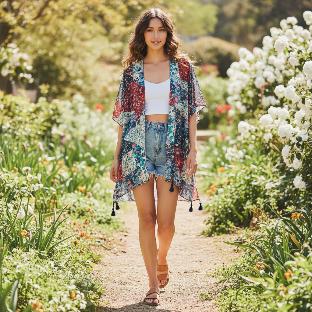 Women's multicolor patchwork floral open-front kimono, lightweight woven, relaxed one-size fit, walking outdoor garden lifestyle