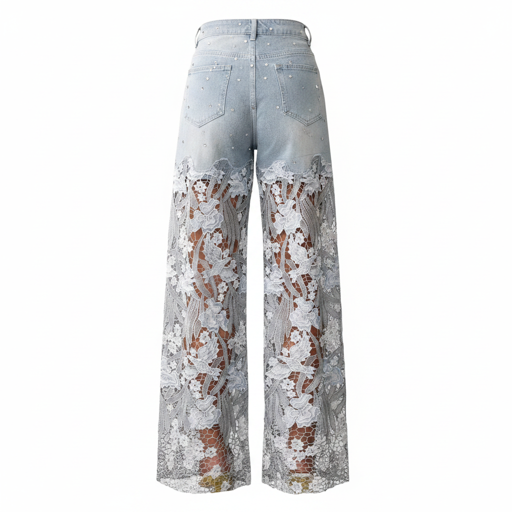 Women's light blue denim wide-leg jeans, back view, rhinestone embellished with white guipure lace lower half