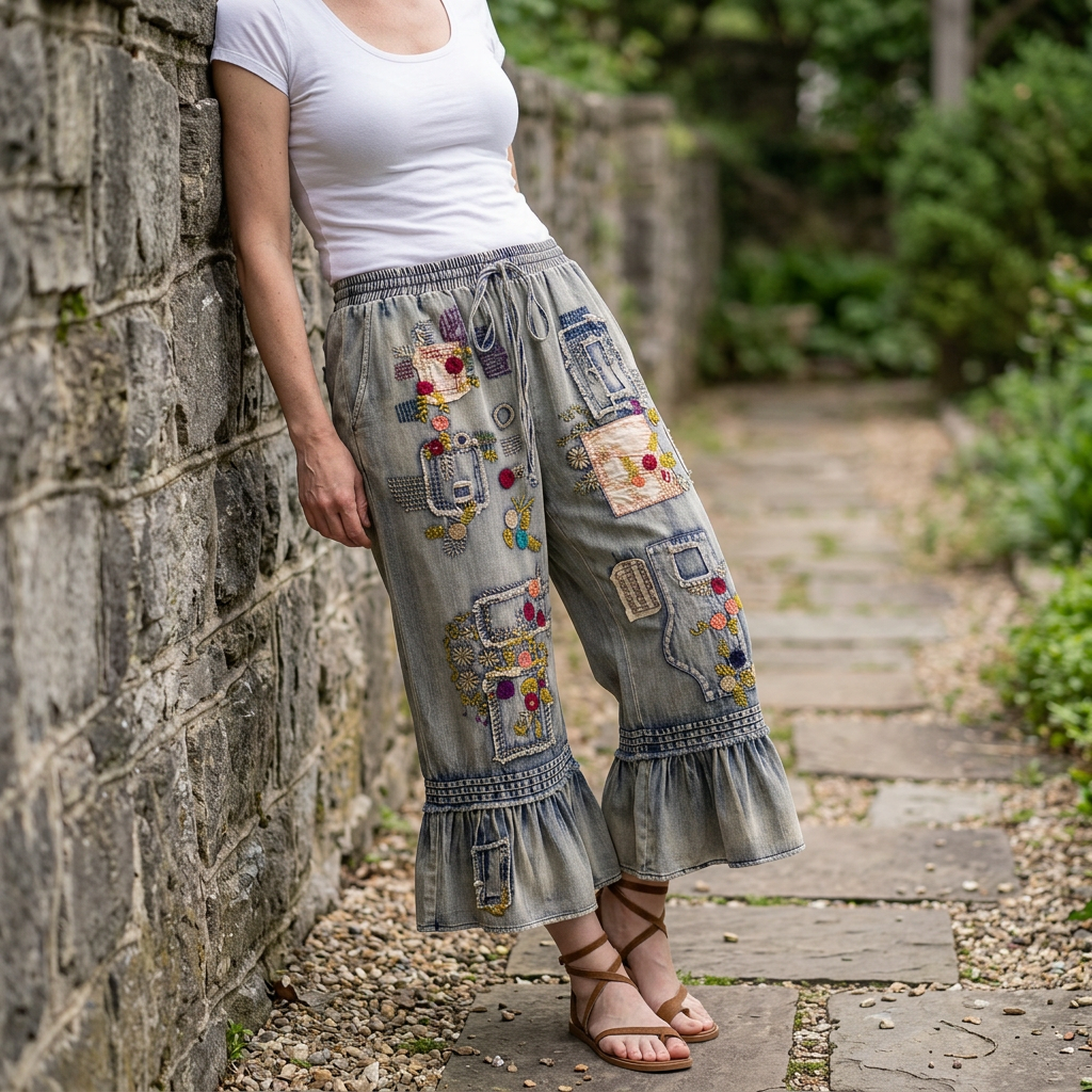 Blue Velvet women's denim patchwork pants styled with a white top beside a garden stone wall