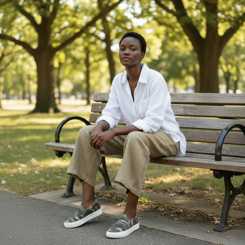 Women's khaki camo platform slip-ons worn with wide-leg khaki trousers and linen shirt on a park bench casual outfit