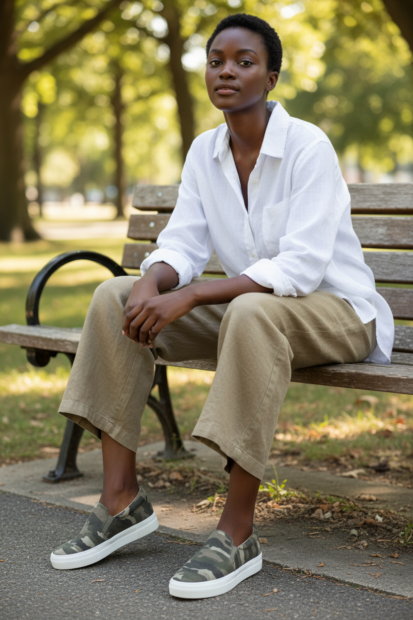 Women's khaki camo platform slip-ons worn with wide-leg khaki trousers and linen shirt on a park bench casual outfit