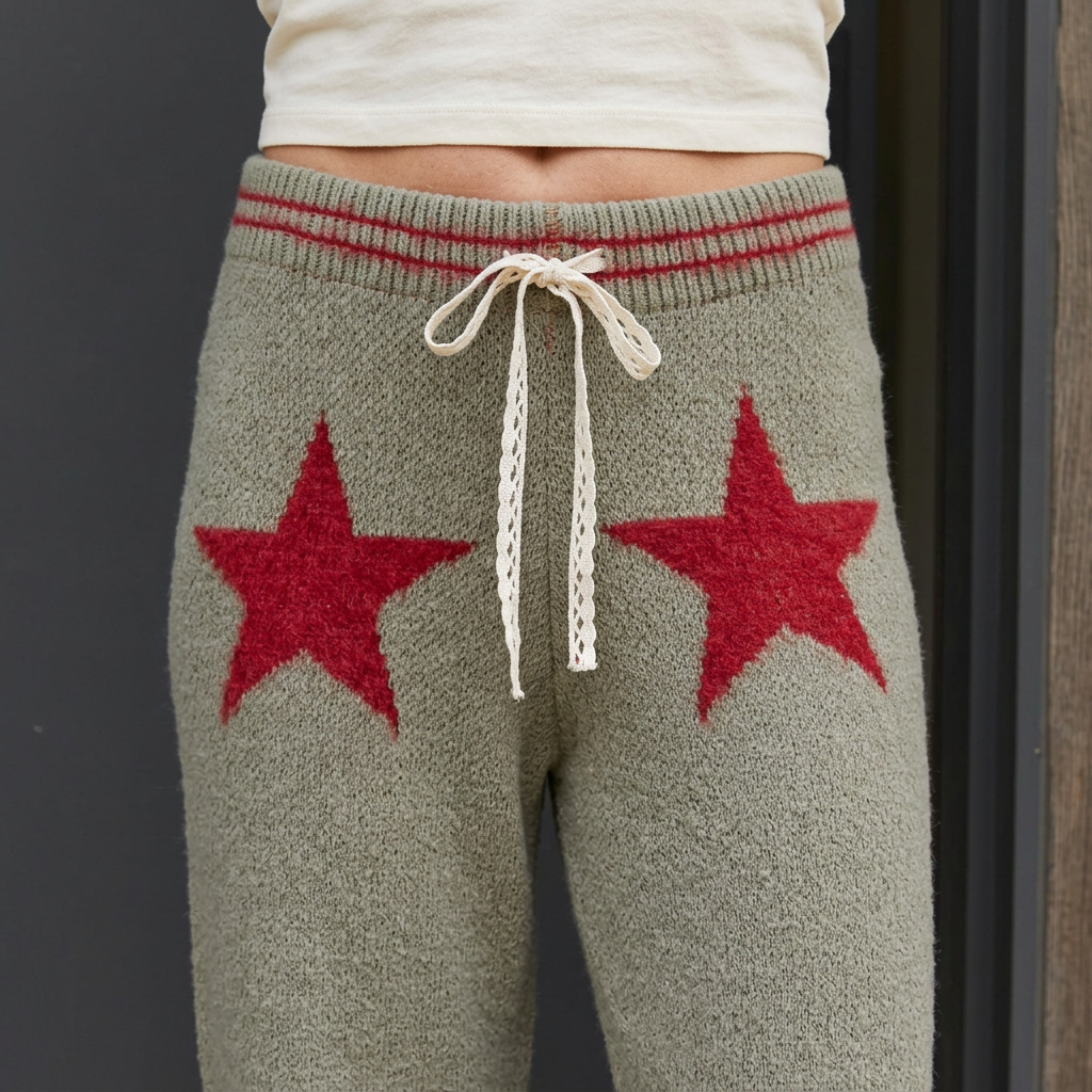 Close-up of an ivory drawstring, red-striped waistband, and red stars on olive knit pants.