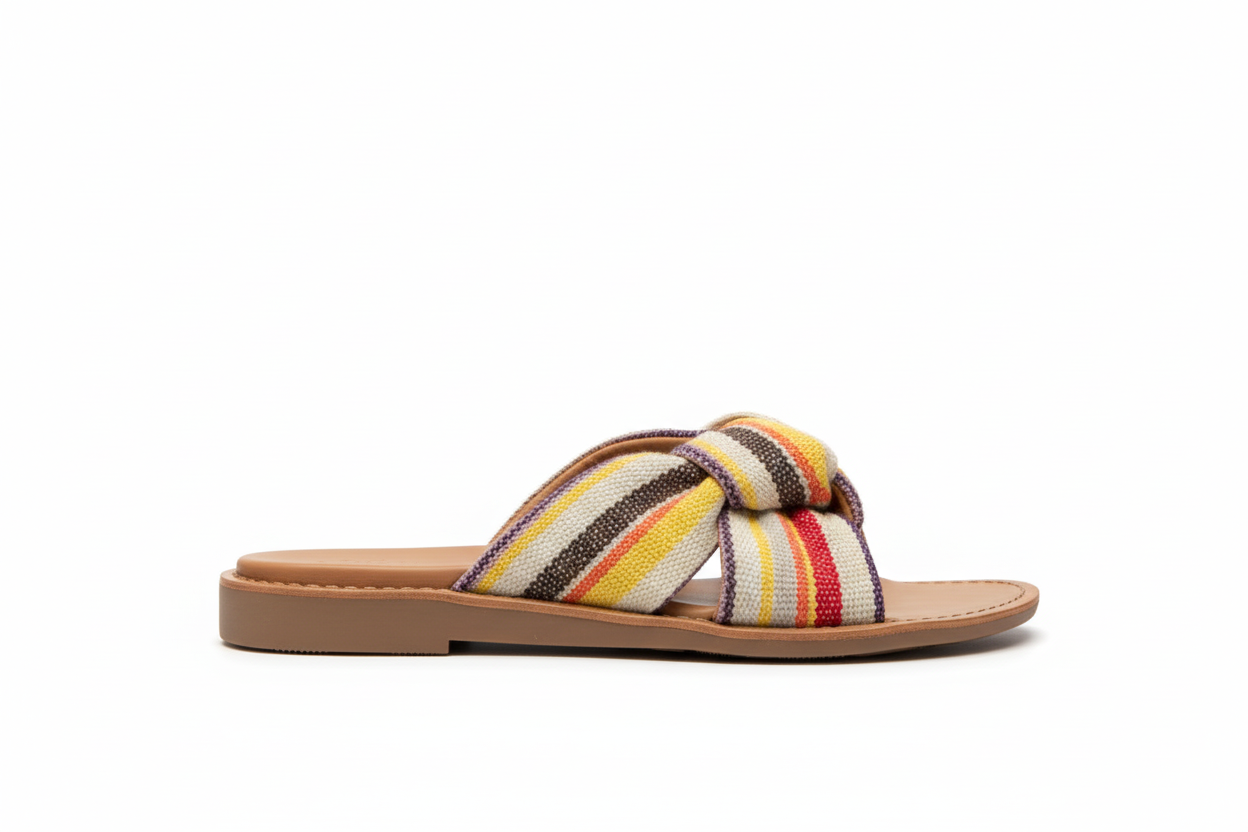 Women's striped fabric slide sandals side profile view showing sole thickness and strap detail