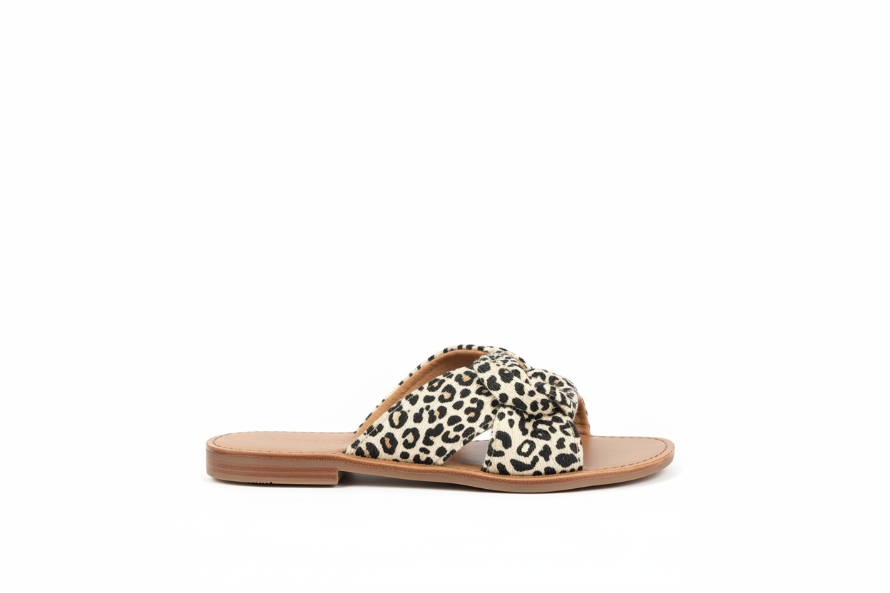 Women's white leopard print slide sandals side profile view showing sole thickness and leopard print detail