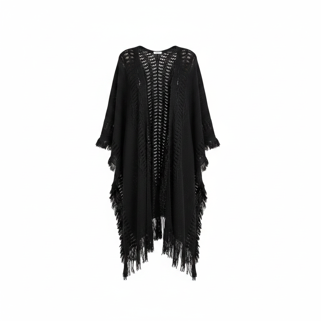 Women's black open-knit ruana wrap, front view, batwing silhouette, fringe hem, oversized drape