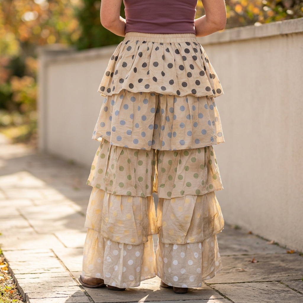 A Rare Bird Shop women's beige wide-leg polka dot pants, back view of five ruffle tiers on a garden walkway