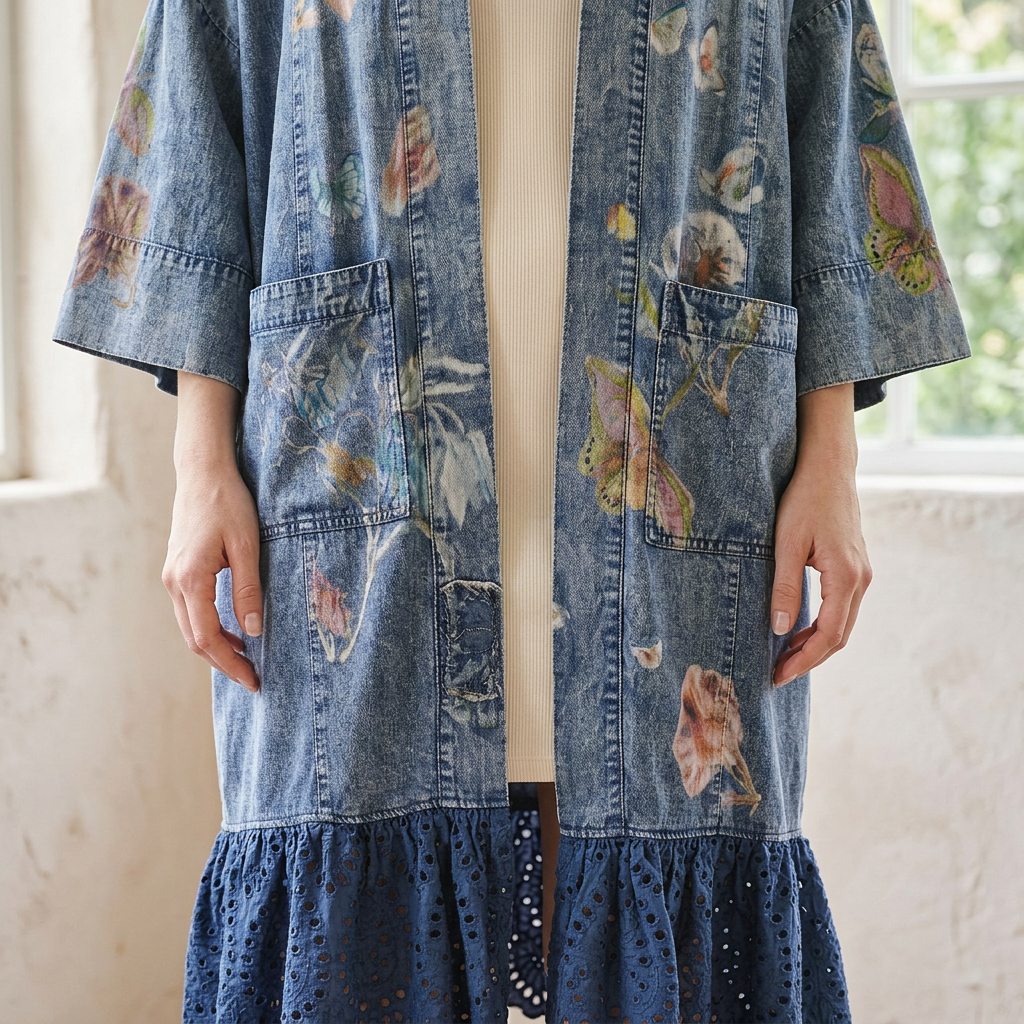 Blue Velvet blue floral butterfly kimono close-up showing front patch pockets and navy eyelet trim