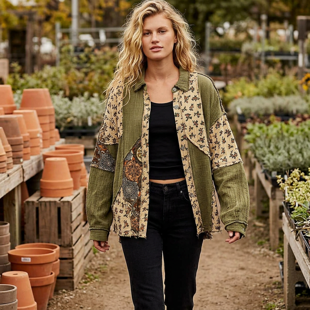 Woman walking through a plant nursery in an olive patchwork shirt, black tank and black jeans.