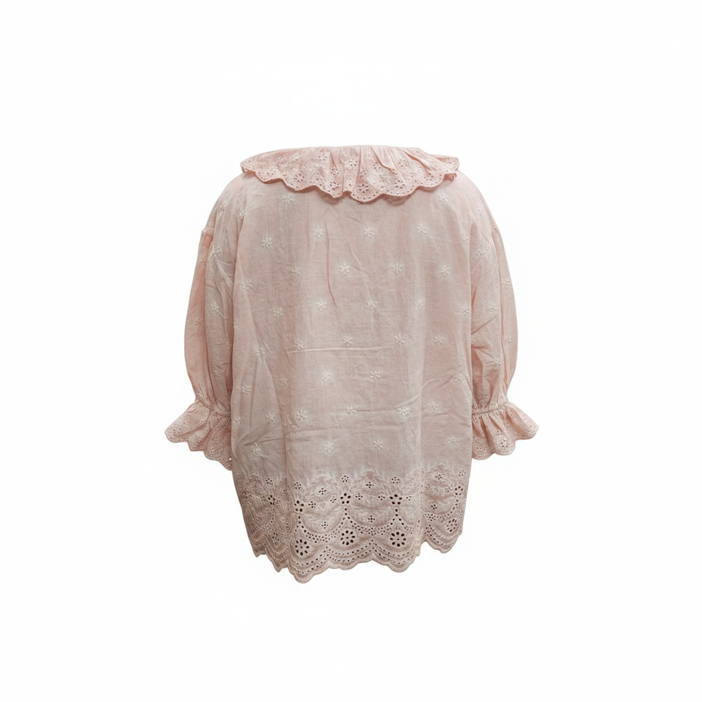 Women's blush pink cotton eyelet blouse back view, scalloped hem, ruffle collar, relaxed fit