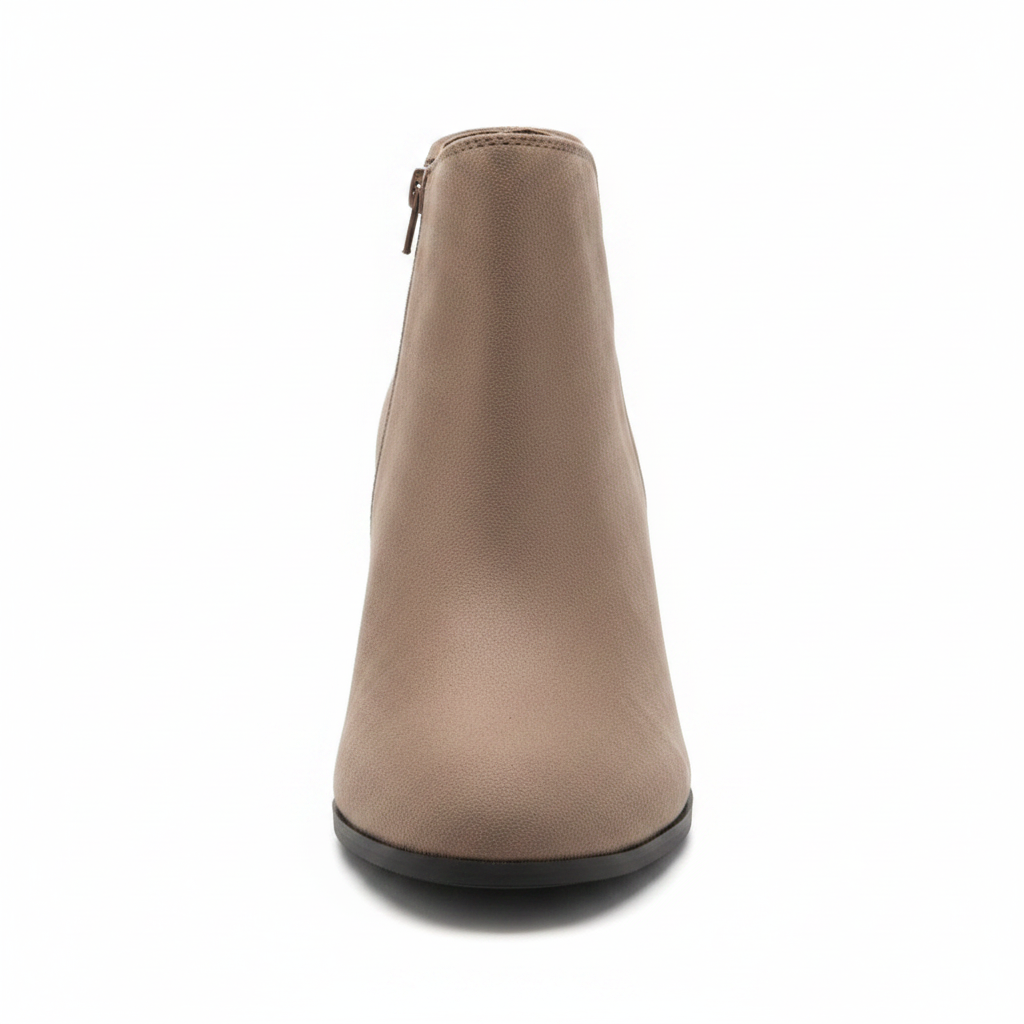 Taupe microsuede wedge ankle bootie front view, side zipper, stacked wedge heel - Soda Shoes