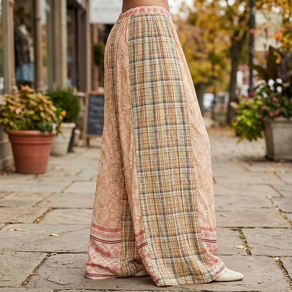 POL Clothing women's mocha wide-leg pants showing plaid panels and pink floral hem borders on a stone sidewalk