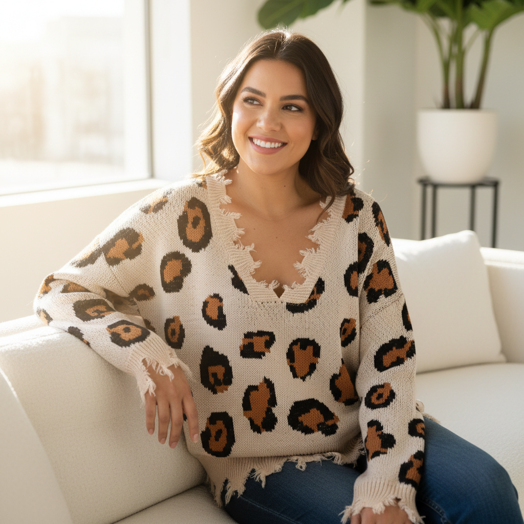 Women's beige leopard print knit sweater, seated, frayed hem, cozy oversized silhouette