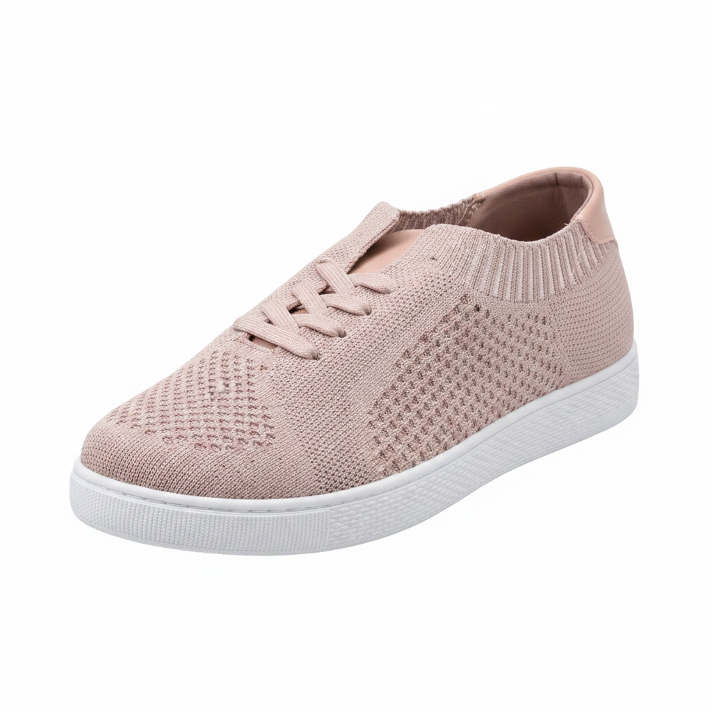 Mauve flyknit lace-up sneaker three-quarter angle view showing knit texture, lace-up front, and low-profile white sole