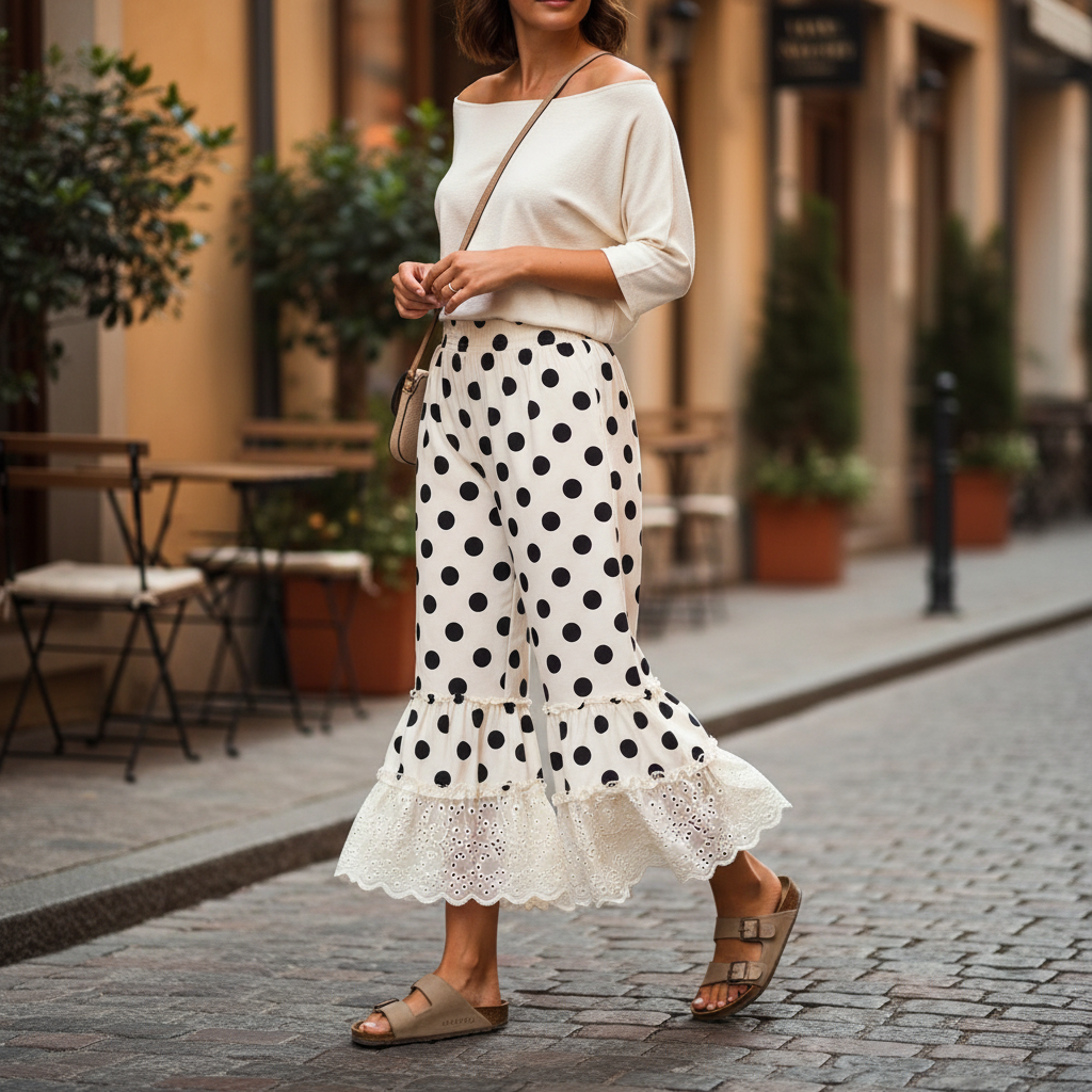 BiBi cream polka dot wide leg pants with ruffle lace hem, walking street style vacation look
