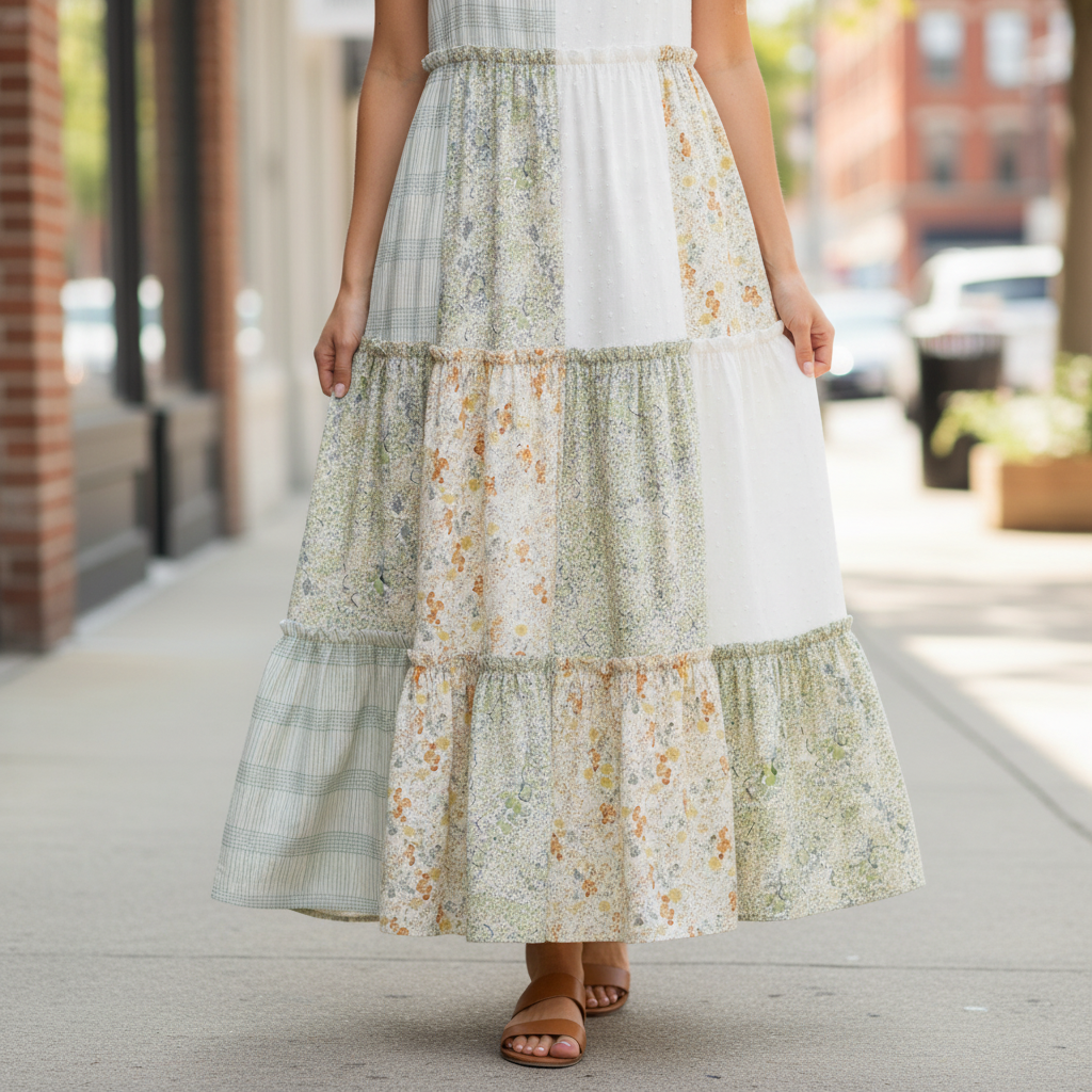 Mello Ivory Multi patchwork tiered maxi dress skirt detail showing ruffle tiers and mixed print panels