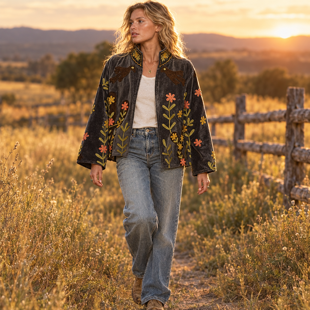 POL Clothing charcoal velvet jacket with floral vine embroidery walking on a golden field path