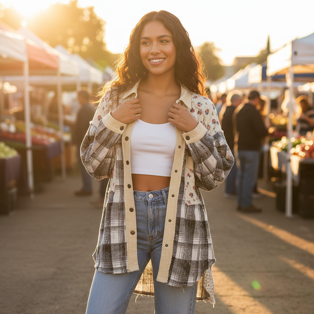 Women's natural multi plaid floral patchwork shirt jacket boho street style weekend outfit open front layering