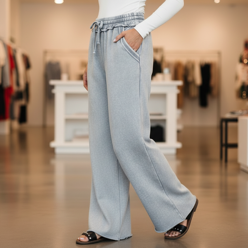 Zenana women's grey-blue mineral wash wide-leg palazzo pants, boutique interior walk