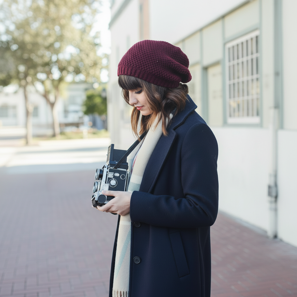 Leto Collection Burgundy waffle knit slouchy beanie worn on model, cold-weather lifestyle front view
