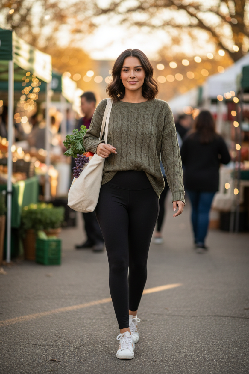 Woman walking outdoors with a market bag and plants, surrounded by market stalls.
