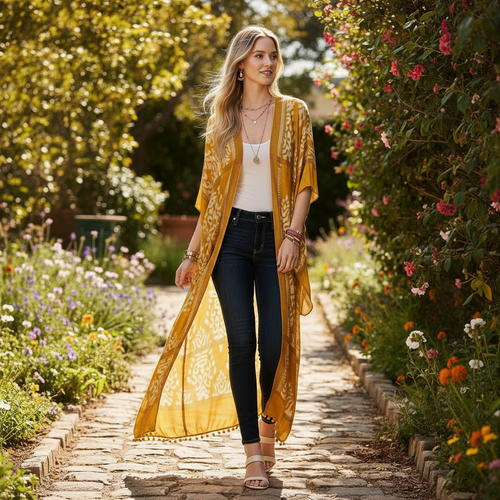 Woman wearing mustard yellow damask print kimono duster - lifestyle photo showing bohemian layering style