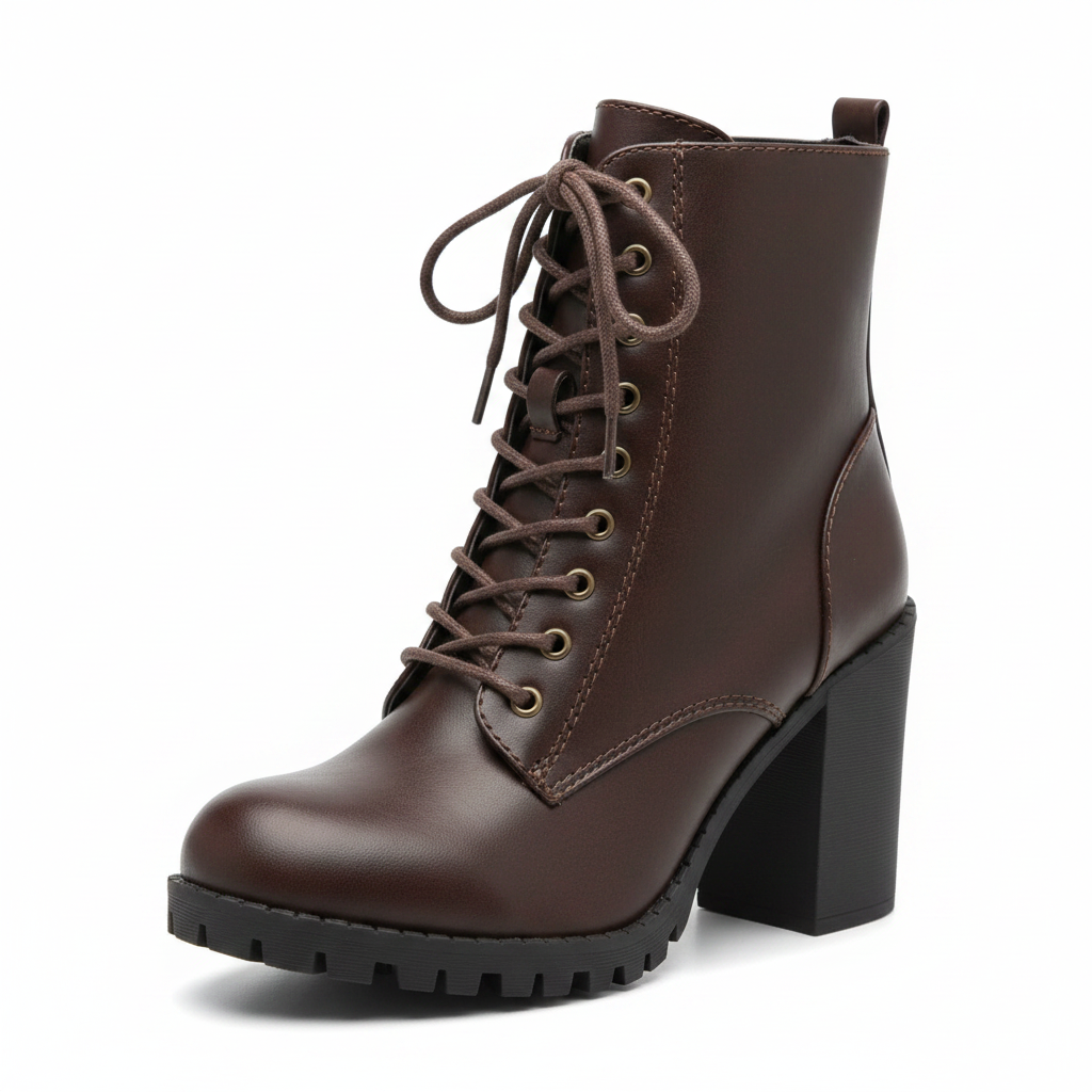 Women's brown lace-up ankle bootie 3/4 angle showing side zipper, block heel, and contrast stitching - Soda