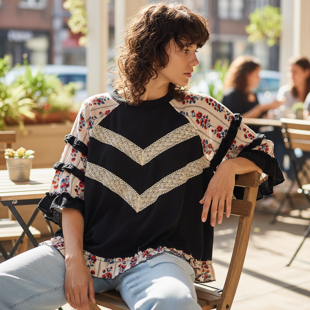 POL Clothing women's oversized black lace trim knit top, seated cafe brunch styling