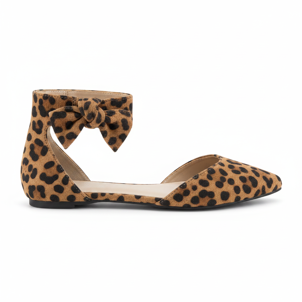 Faryl Robin BLUSH-100 leopard flat, outer-side profile view showing ankle strap and bow detail on white background
