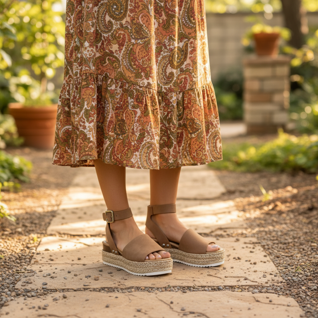 Women's tan leather espadrille platform sandals with silver buckle ankle strap styled with boho midi skirt garden terrace