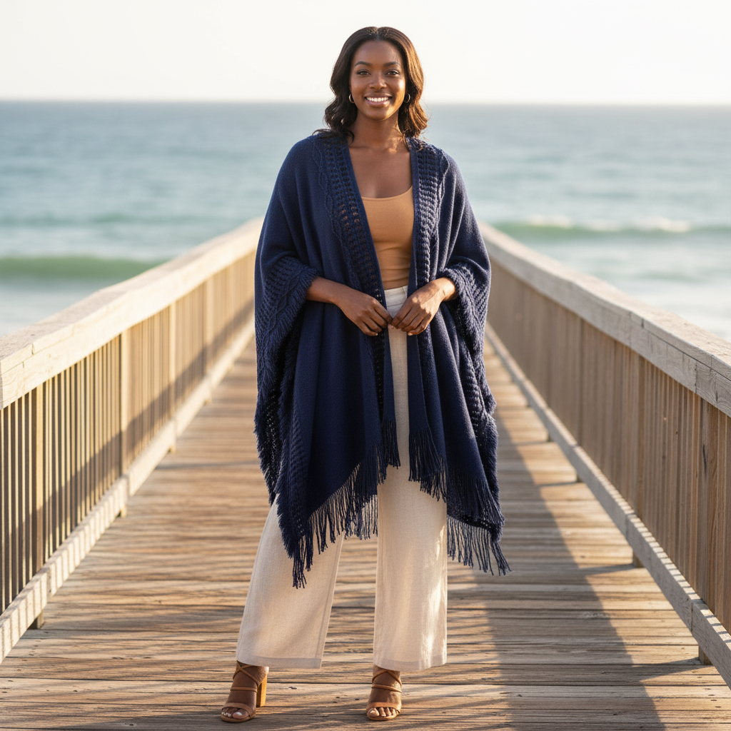 Women's navy frayed-trim ruana wrap as coastal cover-up, relaxed oversized batwing kimono silhouette