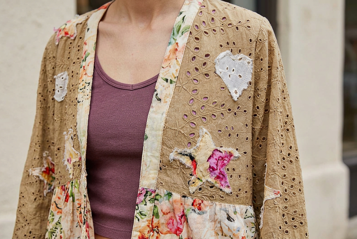 Mocha cardigan detail with eyelet embroidery, white heart and floral star patches over a plum tank.