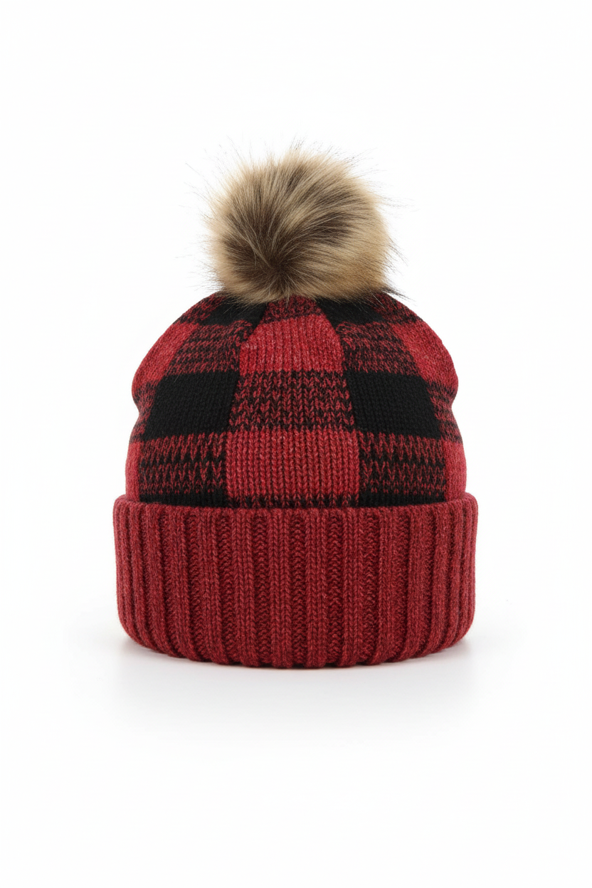 Buffalo check knit beanie in red and black plaid with faux fur pom-pom - front view