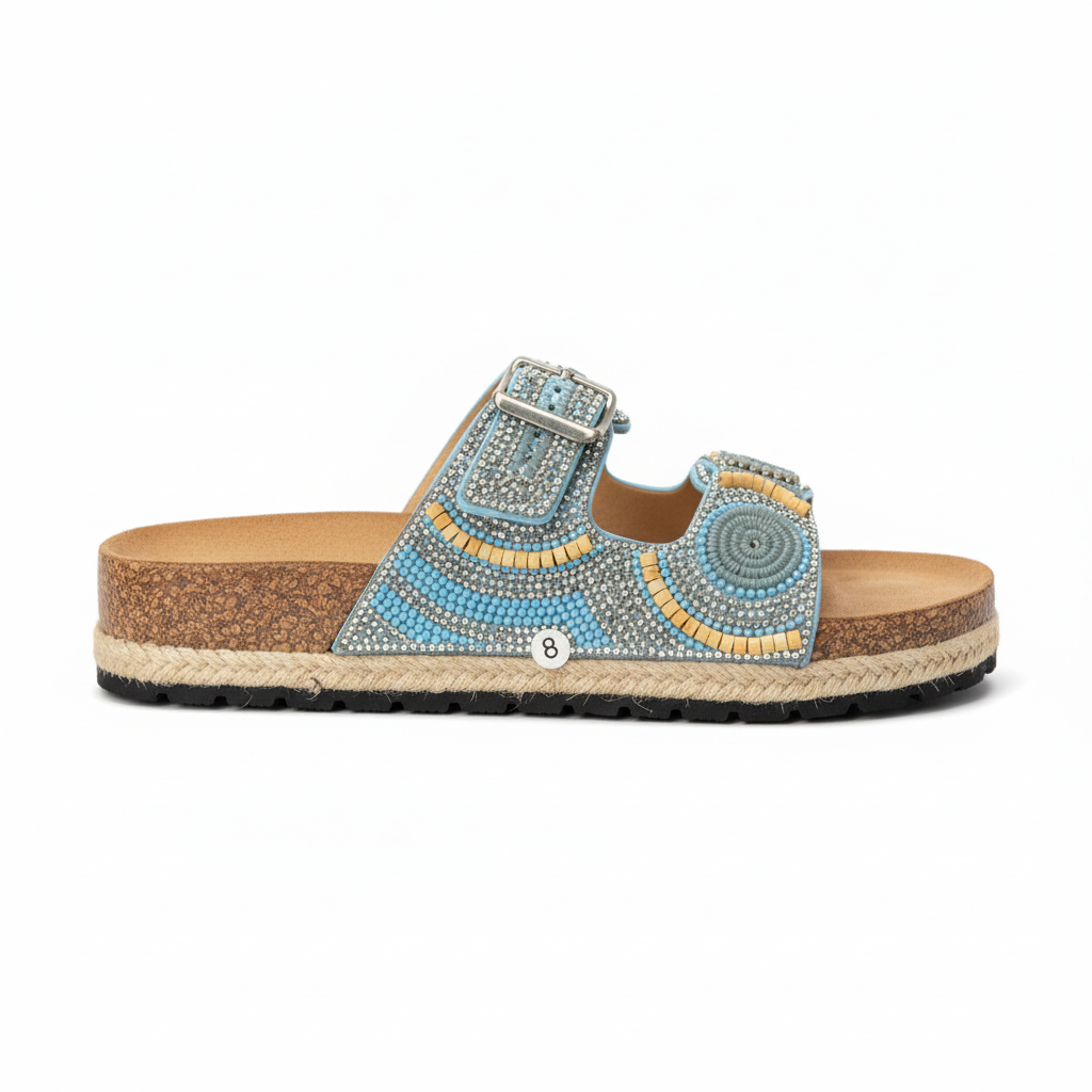 Women's blue rhinestone espadrille sandal side profile view displaying jute platform sole and embellished straps