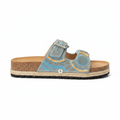 Women's blue rhinestone espadrille sandal side profile view displaying jute platform sole and embellished straps