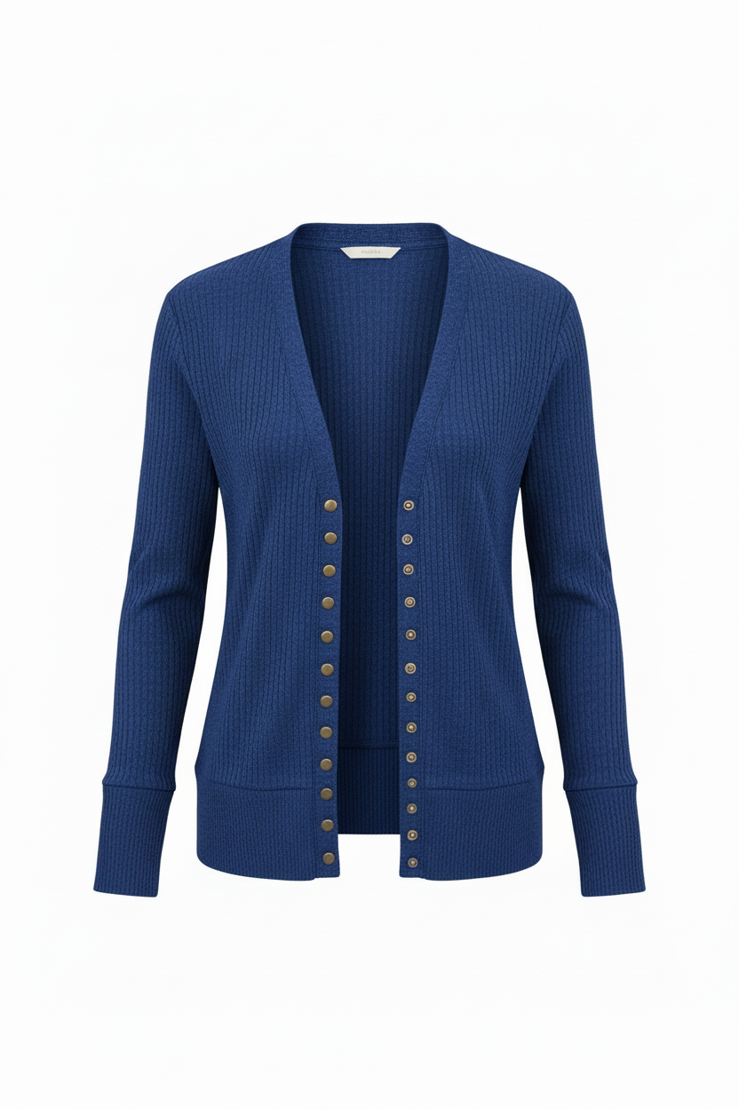 Soft ribbed snap button cardigan in royal blue with 13 decorative buttons, front view showing ribbed knit texture