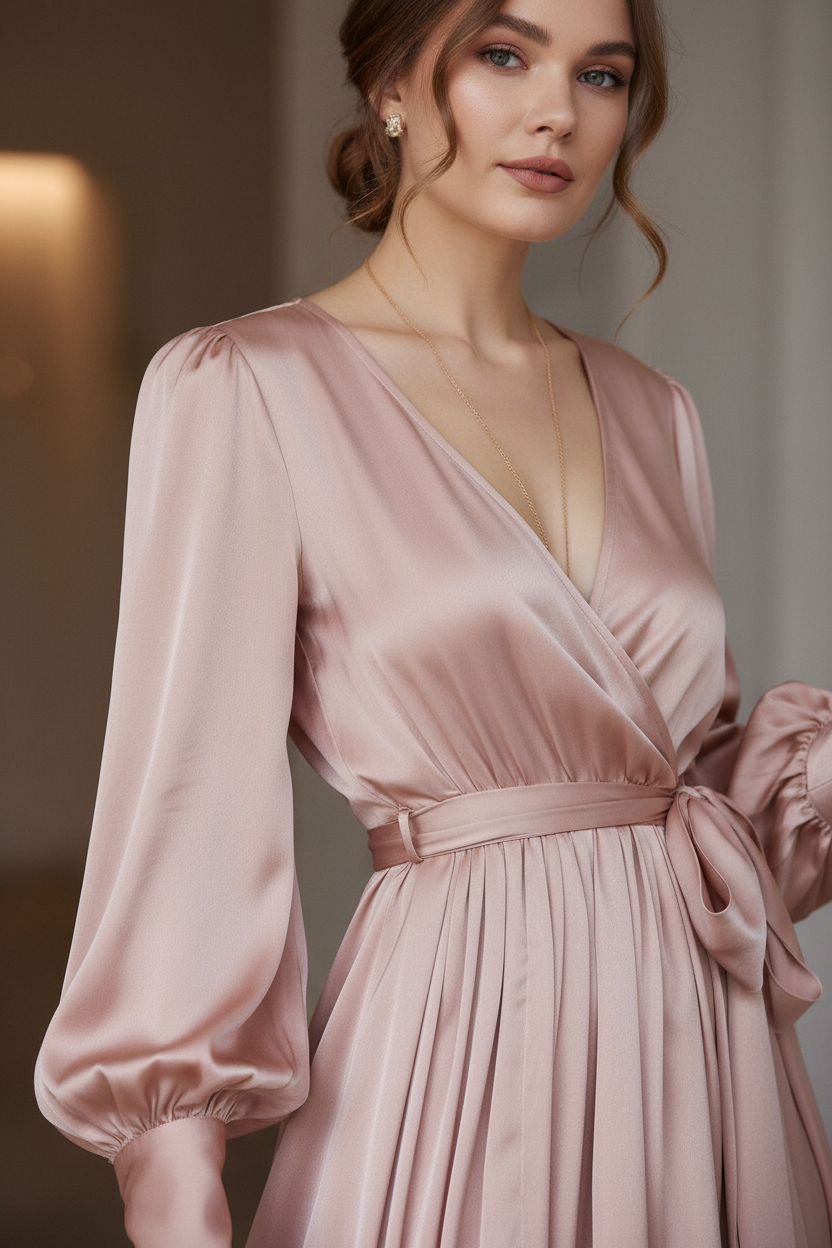 Close-up detail of bishop sleeve and wrap bodice on champagne satin dress