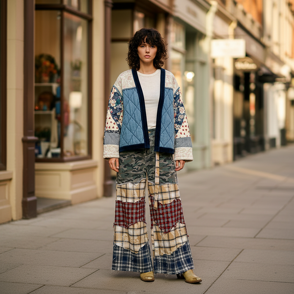 POL Clothing women's denim multi quilted patchwork cardigan, relaxed fit, boho boutique street style - BellanBlue