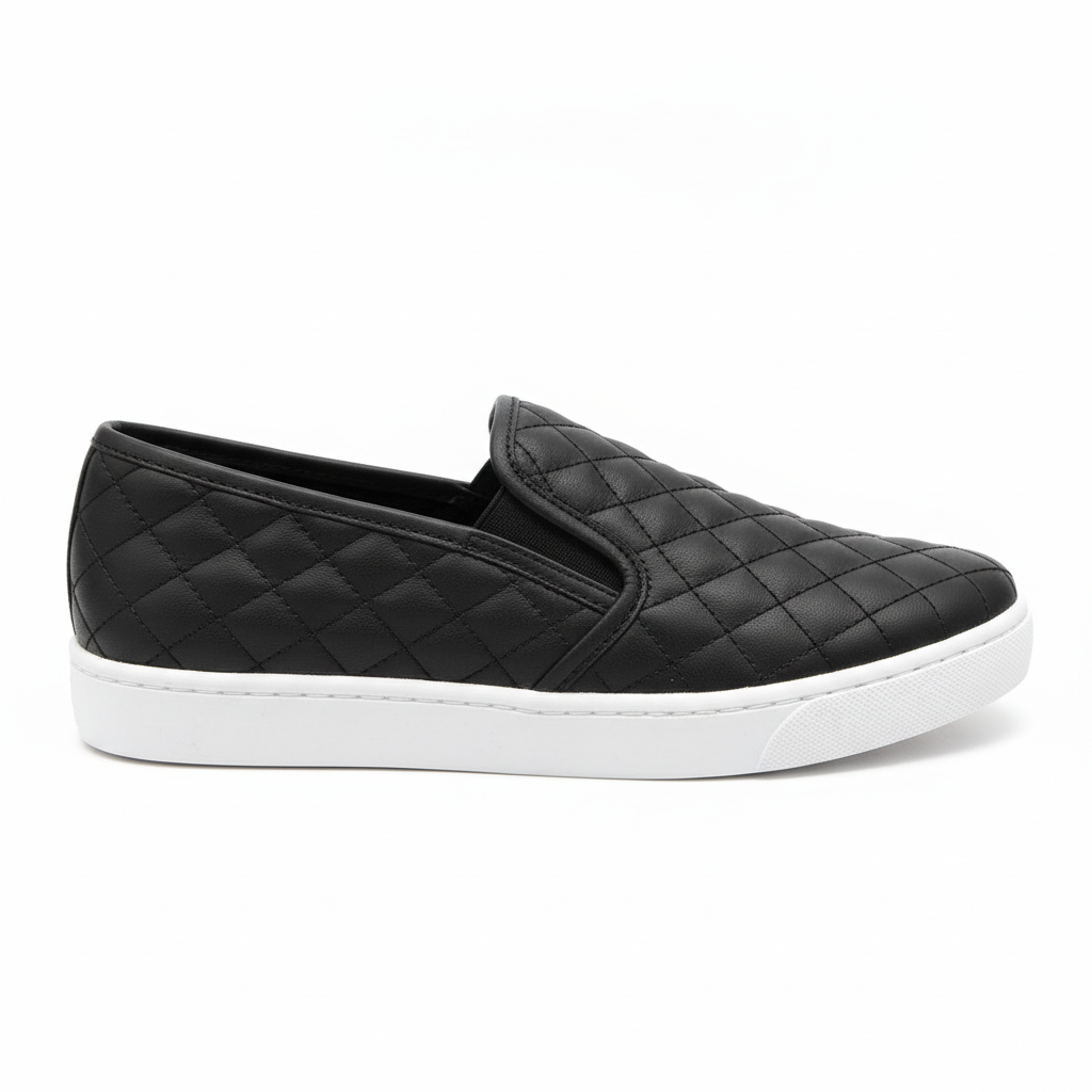 Black quilted slip-on platform sneakers - side profile view