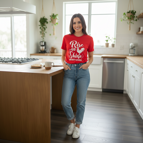 Woman wearing Rise and Shine Mother Cluckers red graphic tee styled with denim jeans in modern kitchen with morning coffee, lifestyle shot