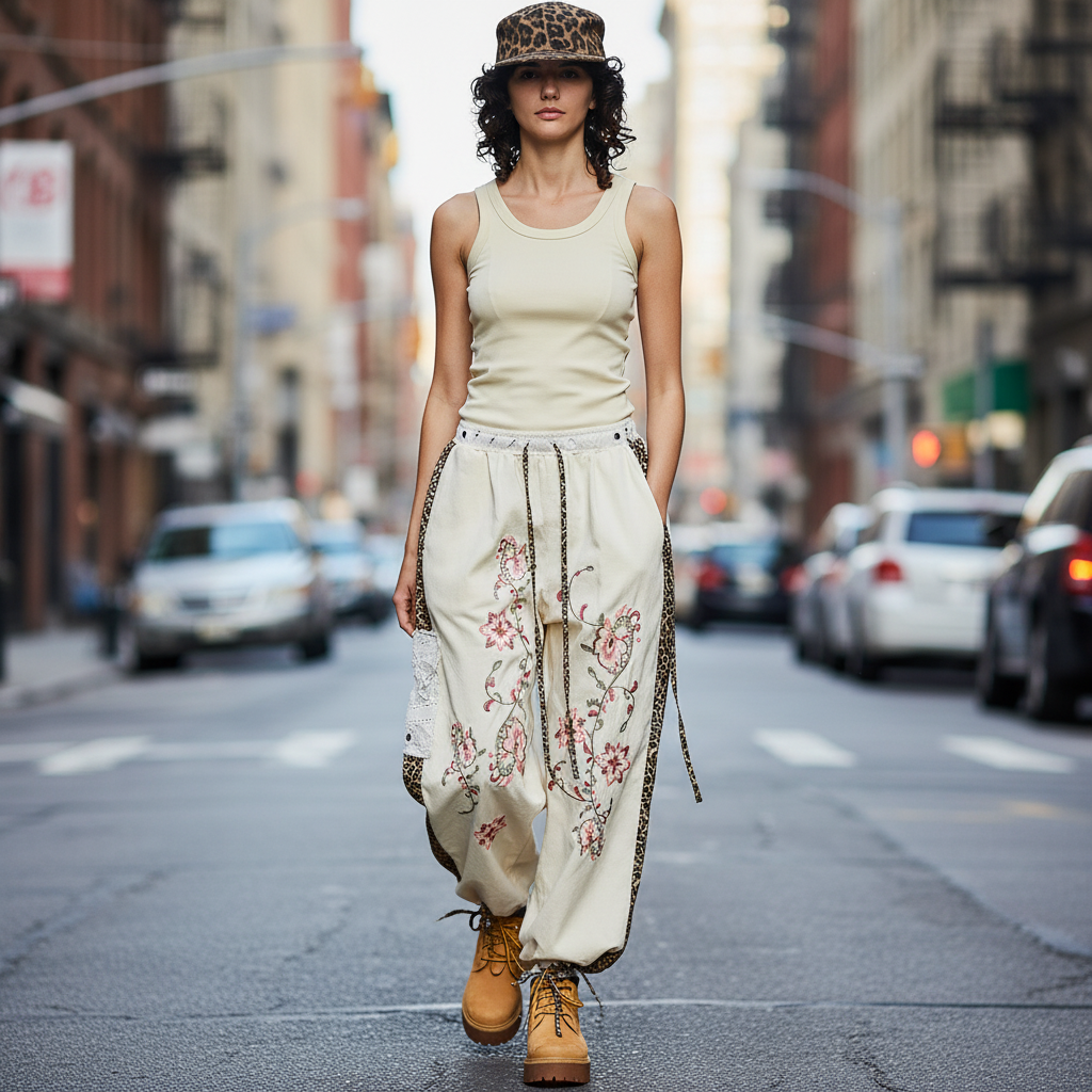 Powder beige wide leg pants styled with model walking on city street - BellanBlue
