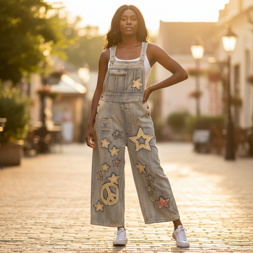 Women's vintage wash wide-leg denim star patch overall jumpsuit, standing pose, outdoor summer - BellanBlue