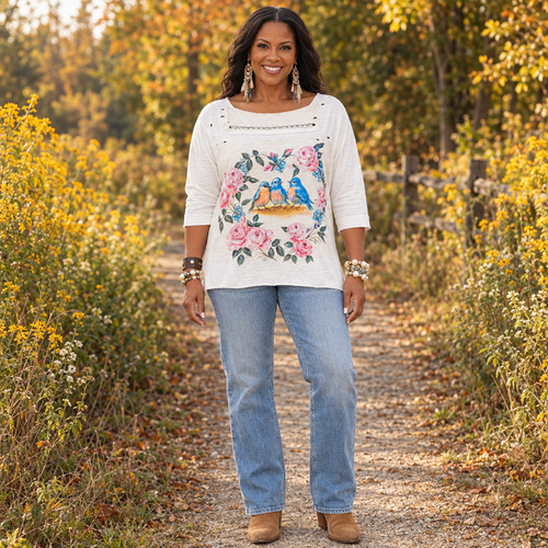 A Rare Bird Shop women's ivory Tweetheart bluebird floral tee with jeans on a country lane - BellanBlue