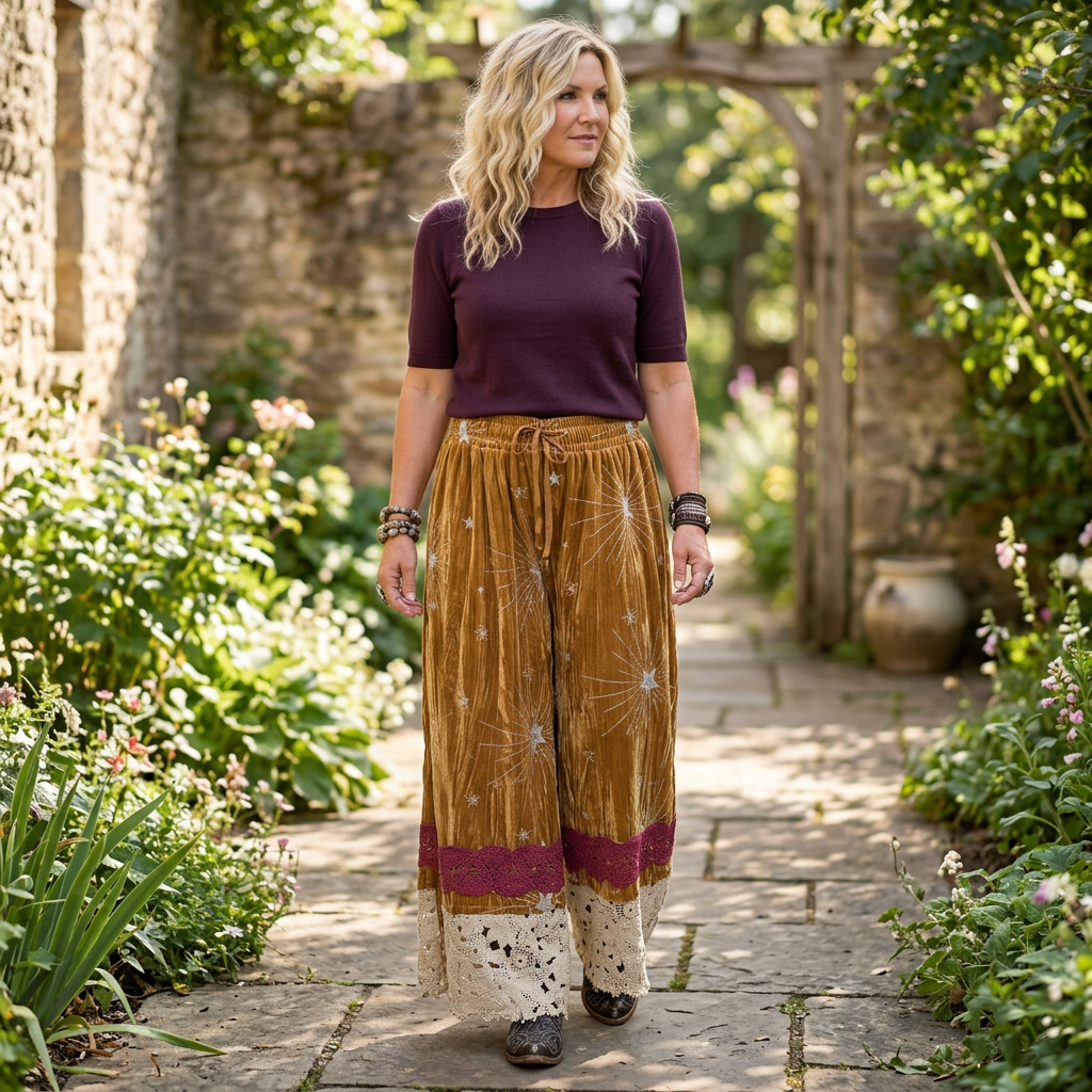 A Rare Bird Shop women's gold velvet pantaloons with crochet hems walking along a garden path