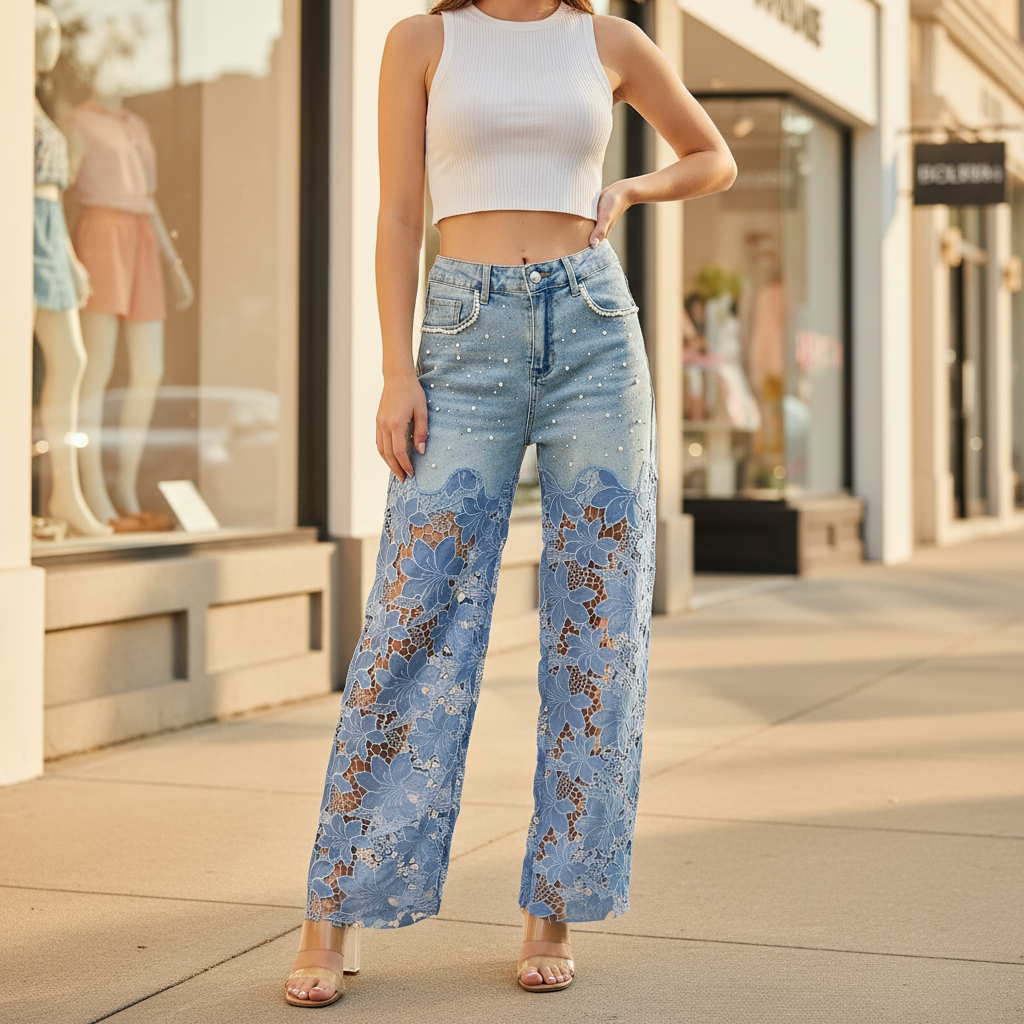 Women's denim pearl rhinestone floral lace wide-leg jeans styled on boutique sidewalk - BellanBlue