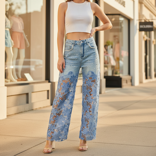 Women's denim pearl rhinestone floral lace wide-leg jeans styled on boutique sidewalk - BellanBlue
