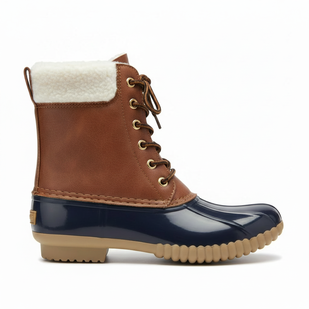 Women's navy and brown duck boot side profile view, white sherpa collar, navy glossy rubber lower shell, tan lug sole - Yoki