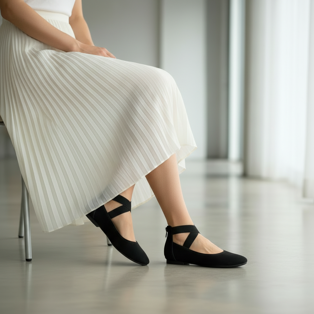 Woman seated wearing Bella Marie black suede ballet flats, outer side view showing ankle strap detail with white pleated skirt