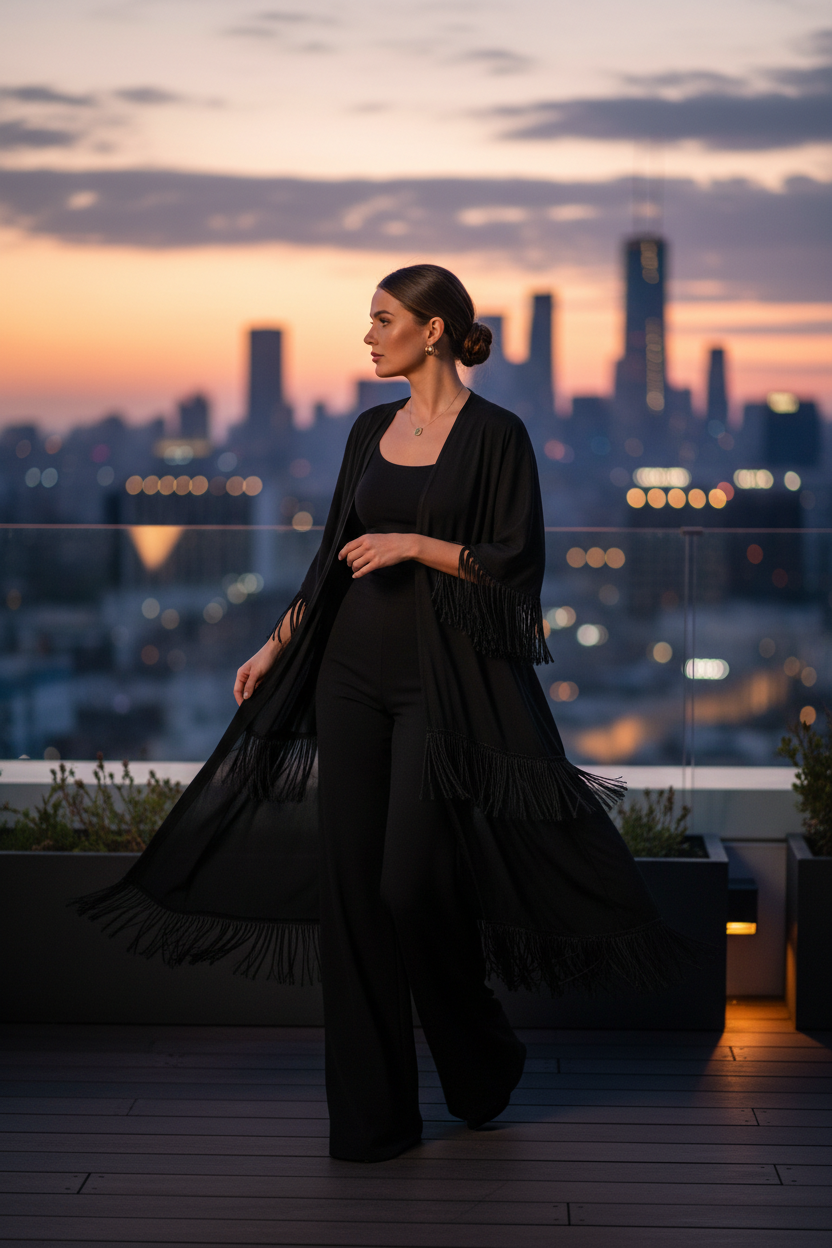 Black women’s longline tassel trim kimono wrap styled at rooftop terrace