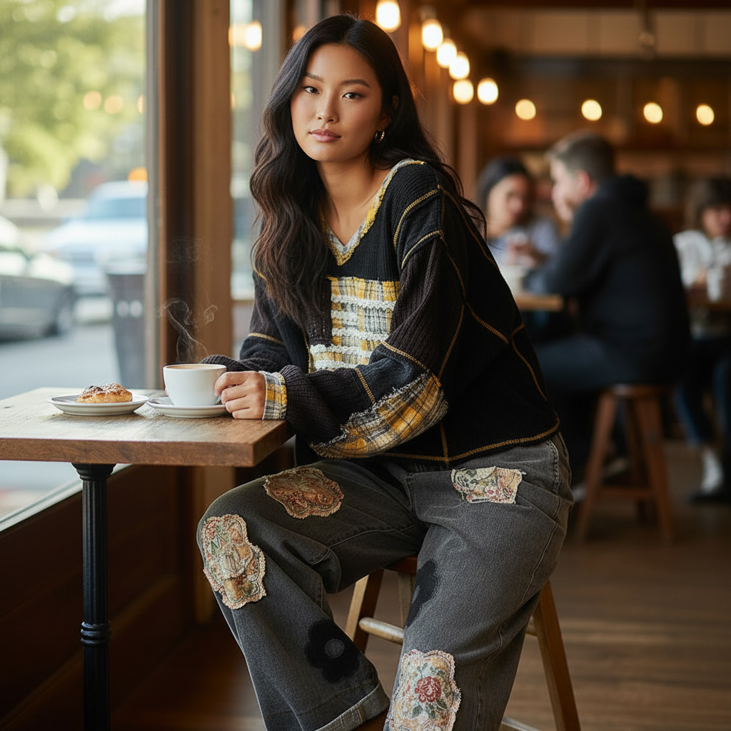 Women's black plaid thermal knit oversized V-neck top styled for a casual fall cafe weekend outfit