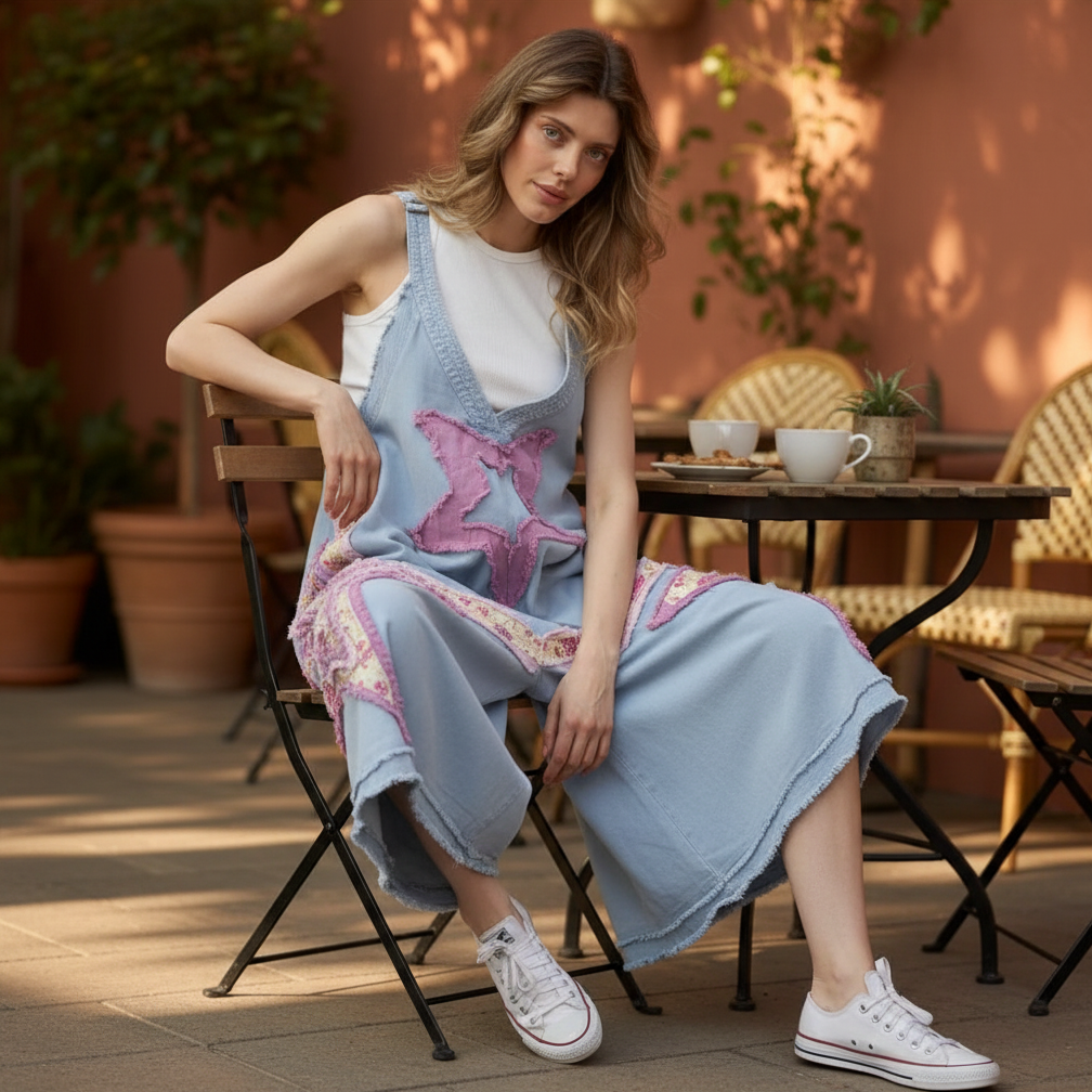 Bluevelvet floral patchwork wide-leg midi jumpsuit seated at outdoor brunch cafe